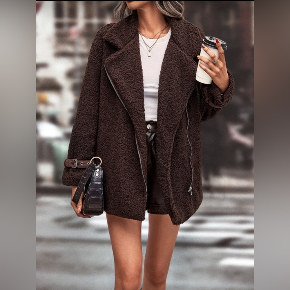 SHEIN LUNE Zip Up Drop Shoulder Teddy Coat